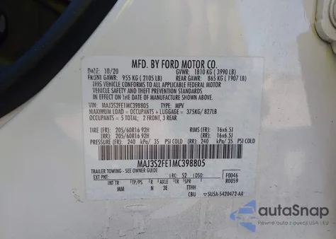 2021 Ford Ecosport S z USA, uszkodzony, nr VIN MAJ3S2FE1MC398805